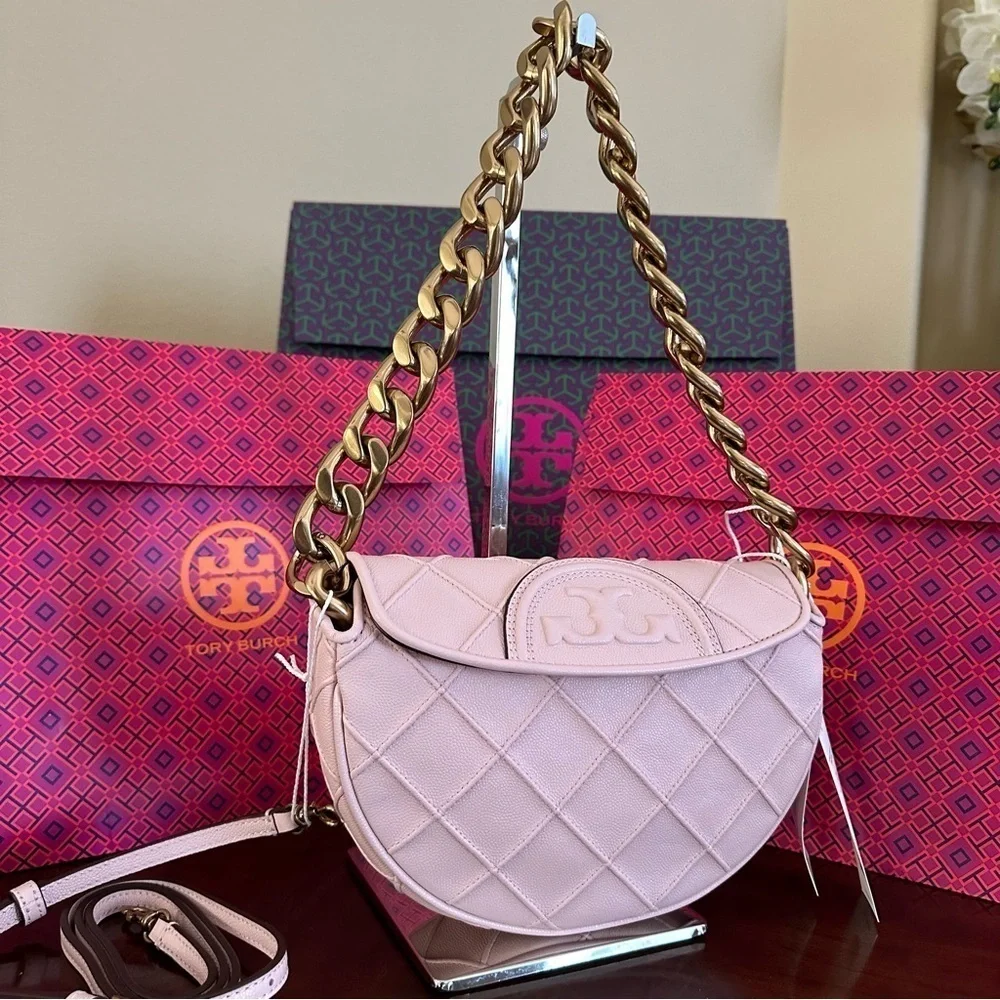 New Tory Burch MINI FLEMING SOFT POLISHED-GRAIN CRESCENT BAG